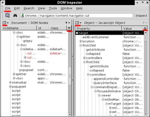 Разбор окна Навигатора, отображающего HTML, в Инспекторе DOM